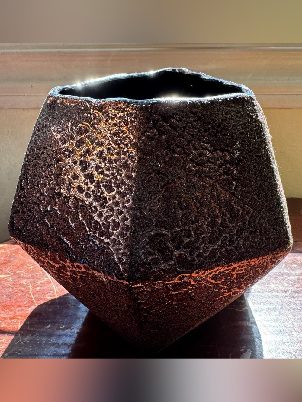 Hand Blown Iridescent Geometric Art Glass Vase | Rainbow Purple Volcanic Texture